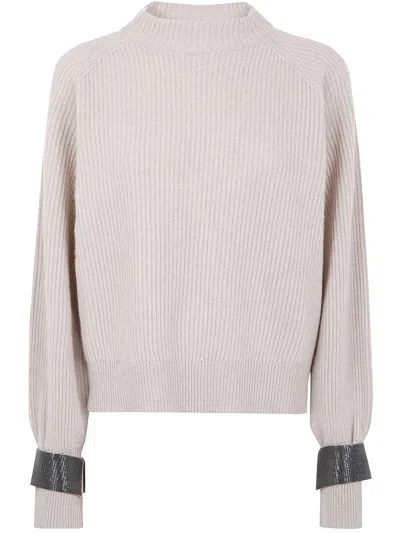 Brunello Cucinelli Cashmere Sweater With Shiny Detail In Neutral