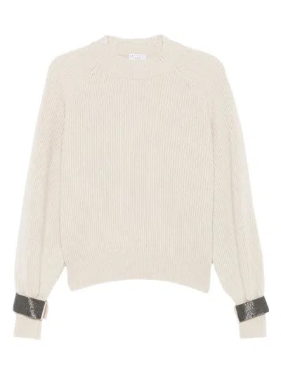 BRUNELLO CUCINELLI RIBBED SWEATER WITH JEWEL CUFFS