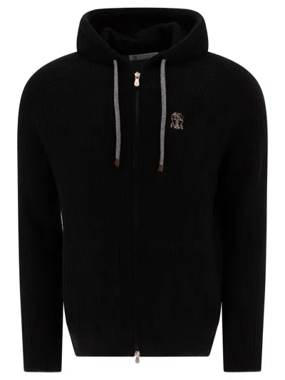 Brunello Cucinelli Ribbed Sweater With Zip And Hood In Black