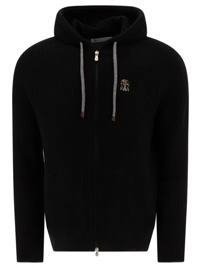 Brunello Cucinelli Ribbed Sweater With Zip And Hood Knitwear In Black