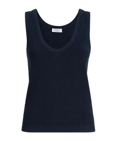 Brunello Cucinelli Cotton Knitted Vest In Blue
