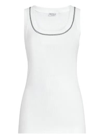 Brunello Cucinelli Women Sleeveless Ribbed Top In Stretch Cotton With Jewelled Trim In White