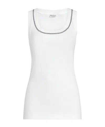 Brunello Cucinelli Ribbed Cotton Tank Scoop Neck Top In White