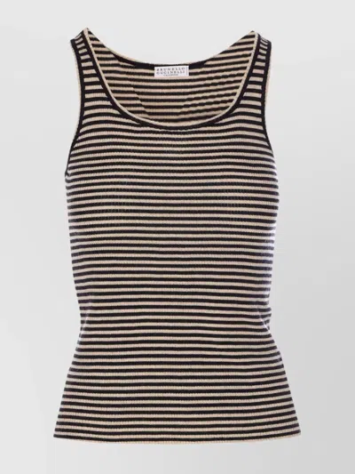Brunello Cucinelli Ribbed Texture Crewneck Scoop Neck Striped Top In Multi