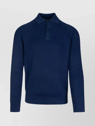 Brunello Cucinelli Ribbed Texture Long Sleeves Polo In Blue