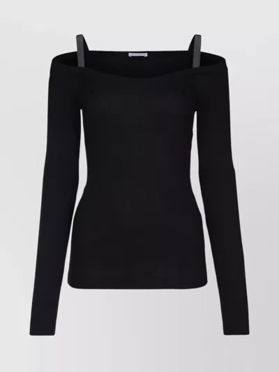 Brunello Cucinelli Ribbed Texture Off-the-shoulder Long Sleeves Top In Black