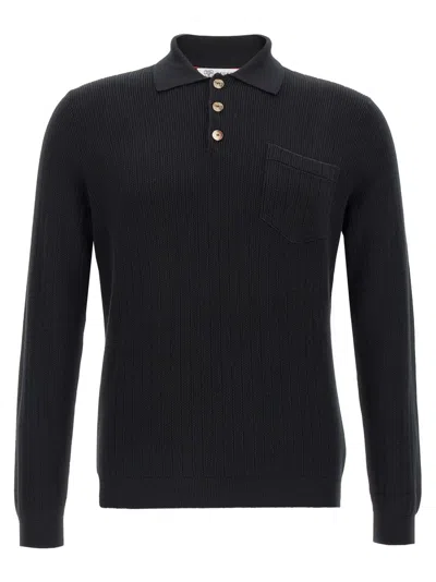 Brunello Cucinelli Ribbed Texture Polo Shirt With Chest Pocket In Black