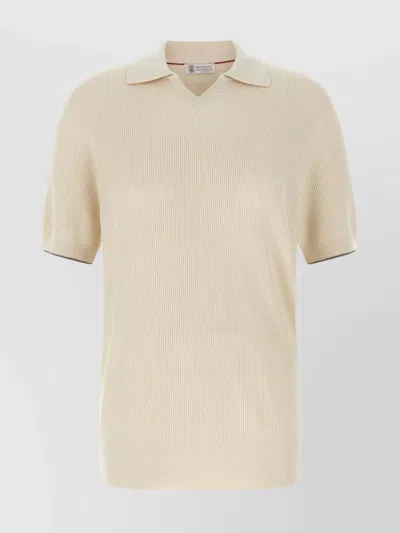 Brunello Cucinelli Ribbed Texture Polo V-neck Collar In White