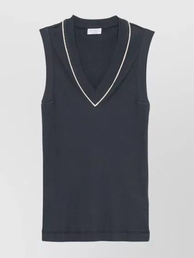 BRUNELLO CUCINELLI RIBBED TEXTURE V-NECKED TOP WITH CONTRAST TRIM