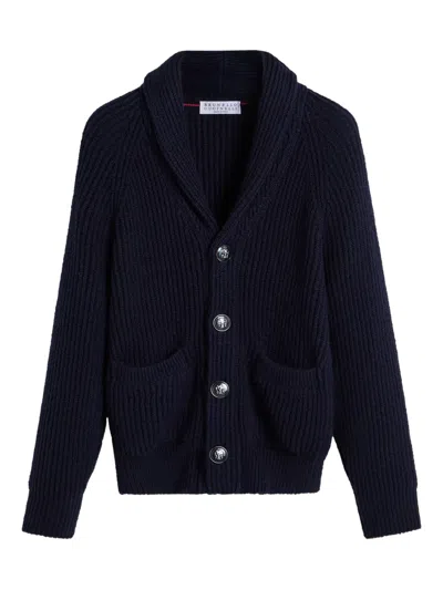 Brunello Cucinelli Ribbed-textured Cotton Cardigan In Blue