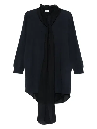 Brunello Cucinelli Ribbed Tie-neck Dress In Blue