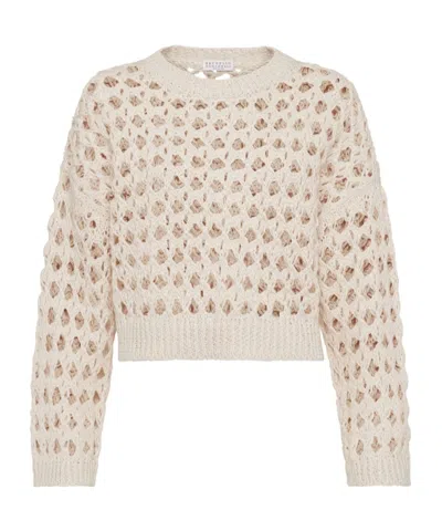 Brunello Cucinelli Ribbed-trim Open-knit Jumper In Brown