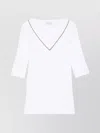 Brunello Cucinelli Ribbed V-neck 3/4 Sleeves Crewneck Contrast Trim In White
