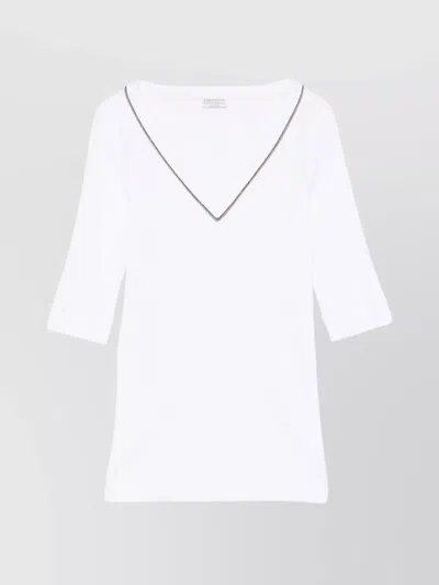 BRUNELLO CUCINELLI RIBBED V-NECK 3/4 SLEEVES CREWNECK CONTRAST TRIM