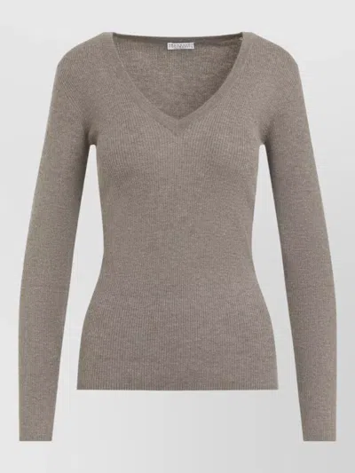 Brunello Cucinelli Ribbed V Neck Cashmere Silk Sweater In Gray