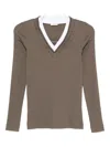 Brunello Cucinelli Ribbed V-neck Embellished T-shirt In Brown