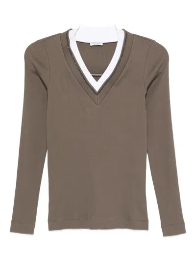 Brunello Cucinelli Ribbed V-neck Embellished T-shirt In Gray