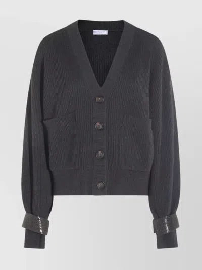 Brunello Cucinelli Ribbed V-neck Knitwear Cuffed Sleeves In Gray