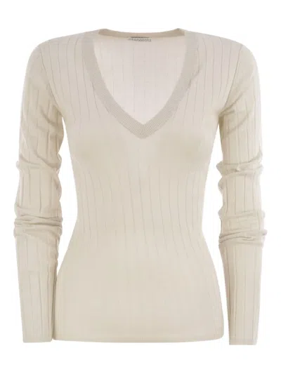 Brunello Cucinelli Women Lightweight Cashmere And Silk Broad Rib Sweater In Neutral