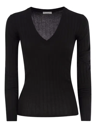 Brunello Cucinelli Women Lightweight Cashmere And Silk Broad Rib Sweater In Black
