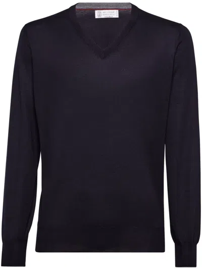 Brunello Cucinelli Ribbed V-neck Sweater In Black