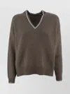 Brunello Cucinelli Ribbed V-neck Sweater Contrasting Border In Neutral