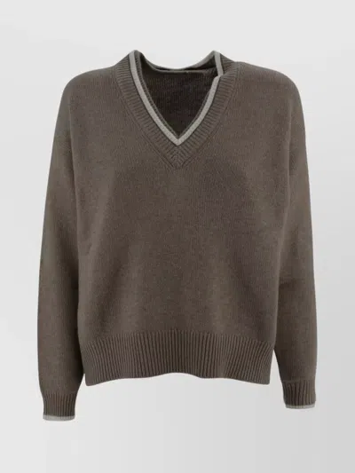 Brunello Cucinelli Ribbed V-neck Sweater Contrasting Border In Neutral