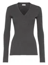 Brunello Cucinelli Fitted Long Sleeve Ribbed V Neck Top In Gray