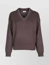 Brunello Cucinelli Ribbed V-neck Top Contrast Trim In Brown