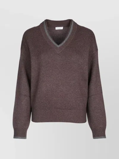 BRUNELLO CUCINELLI RIBBED V-NECK TOP CONTRAST TRIM