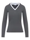 Brunello Cucinelli Ribbed Long Sleeves Top With Contrast Trim In Gray