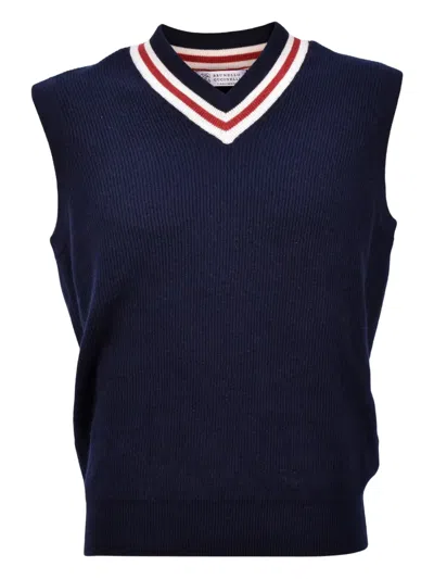 Brunello Cucinelli Ribbed V-neck Wool Vest In Blue
