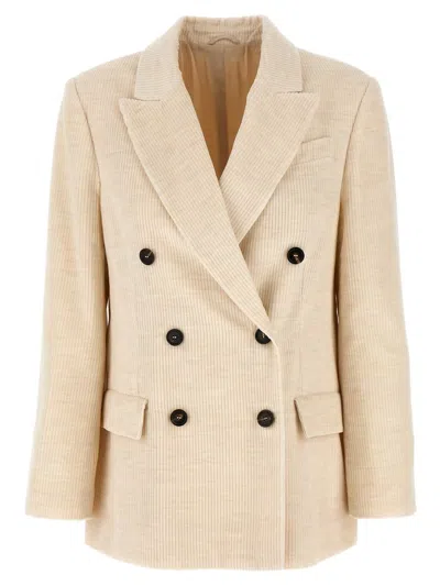 Brunello Cucinelli Double-breasted Bead-embellished Cotton Blazer In Neutral