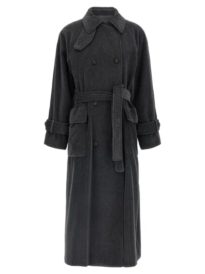 Brunello Cucinelli Ribbed Velvet Trench Coat Coats And Trench Coats Gray In Black