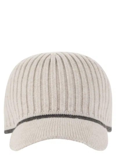 Brunello Cucinelli Ribbed Virgin Wool, Cashmere And Silk Knit Baseball Cap With Jewel In White