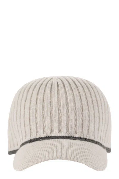 Brunello Cucinelli Ribbed Virgin Wool, Cashmere And Silk Knit Baseball Cap With Jewel In Pearl