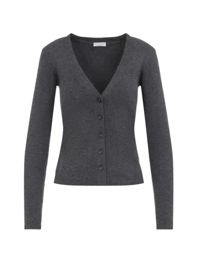 Brunello Cucinelli Ribbed V-neck Cardigan In Gray