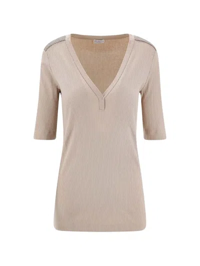 Brunello Cucinelli Ribbed V-neck T-shirt In Brown