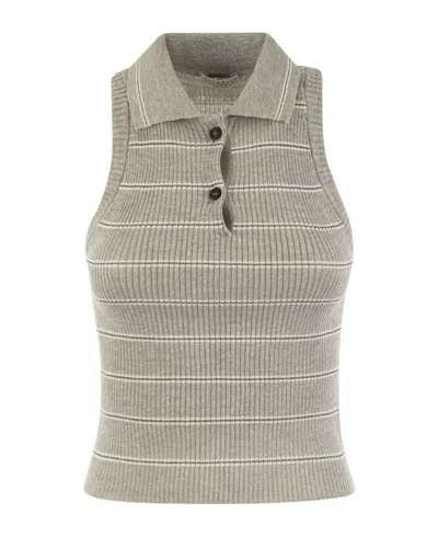 Brunello Cucinelli Ribbed With Horizontal Stripes Tank Top In Brown