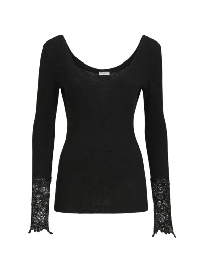Brunello Cucinelli Ribbed Wool Jersey Sweater With Dazzling Lace Embroidery Cuffs In Black