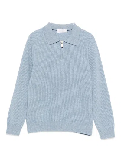 Brunello Cucinelli Kids' Ribbed Zip-up Top In Blue