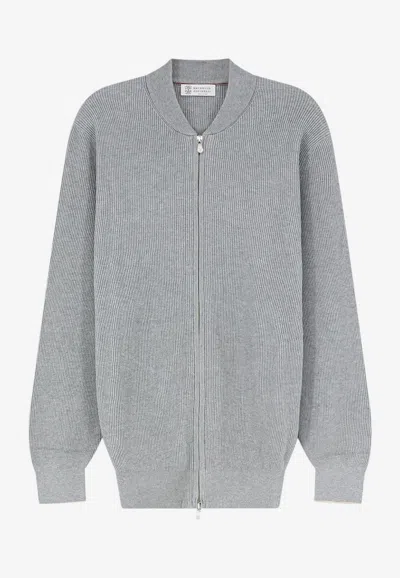 Brunello Cucinelli Ribbed Zip-up Cardigan In Gray