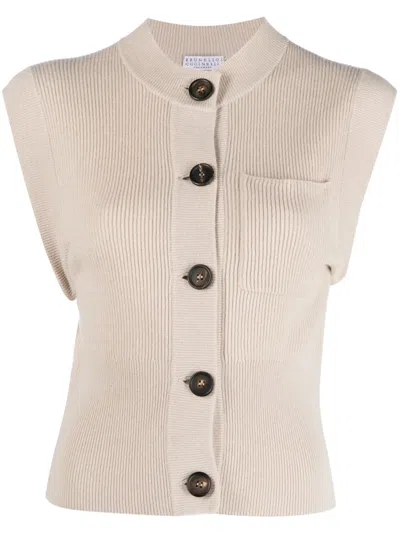Brunello Cucinelli Ribbed-knit Button-up Waistcoat In Neutral