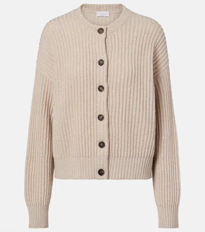 Brunello Cucinelli Ribbed-knit Cashmere And Wool-blend Cardigan In Neutral