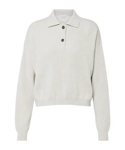 Brunello Cucinelli Ribbed-knit Cotton Polo Sweater In White