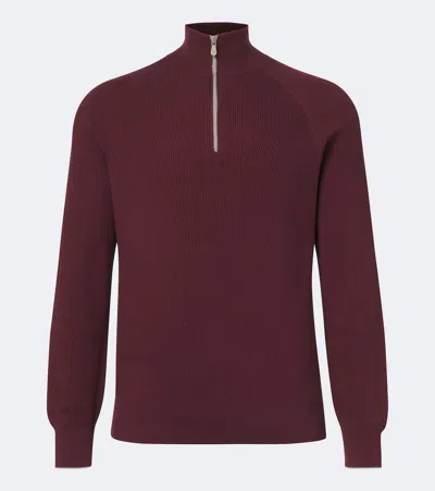 Brunello Cucinelli Cotton English Rib Sweater With Half Zip And Raglan Sleeves In Red