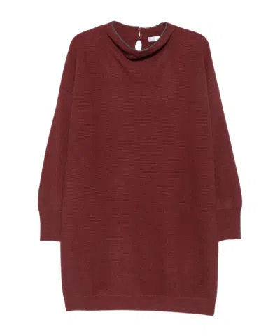 Brunello Cucinelli Ribbed-knit Keyhole-detail Dress In Burgundy