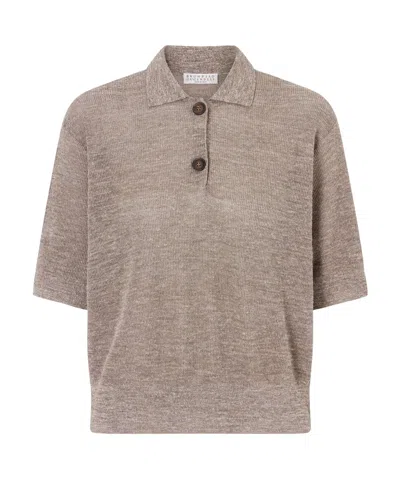 Brunello Cucinelli Ribbed-knit Linen-blend Polo Shirt In Brown