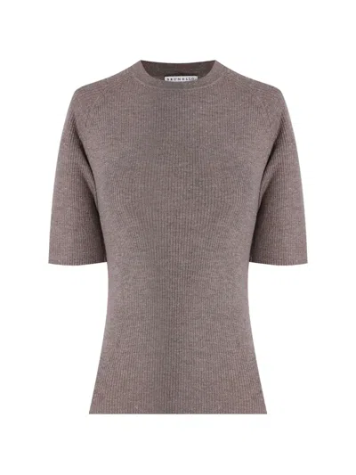 Brunello Cucinelli Ribbed-knit Lurex-finish T-shirt In Gray