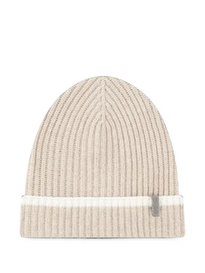 Brunello Cucinelli Ribbed-knit Monili-embellished Beanie In Neutral